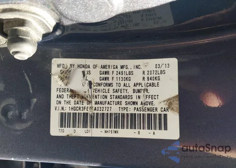 2013 Honda Accord Ex-L V-6 z USA, uszkodzony, nr VIN 1HGCR3F84DA032727